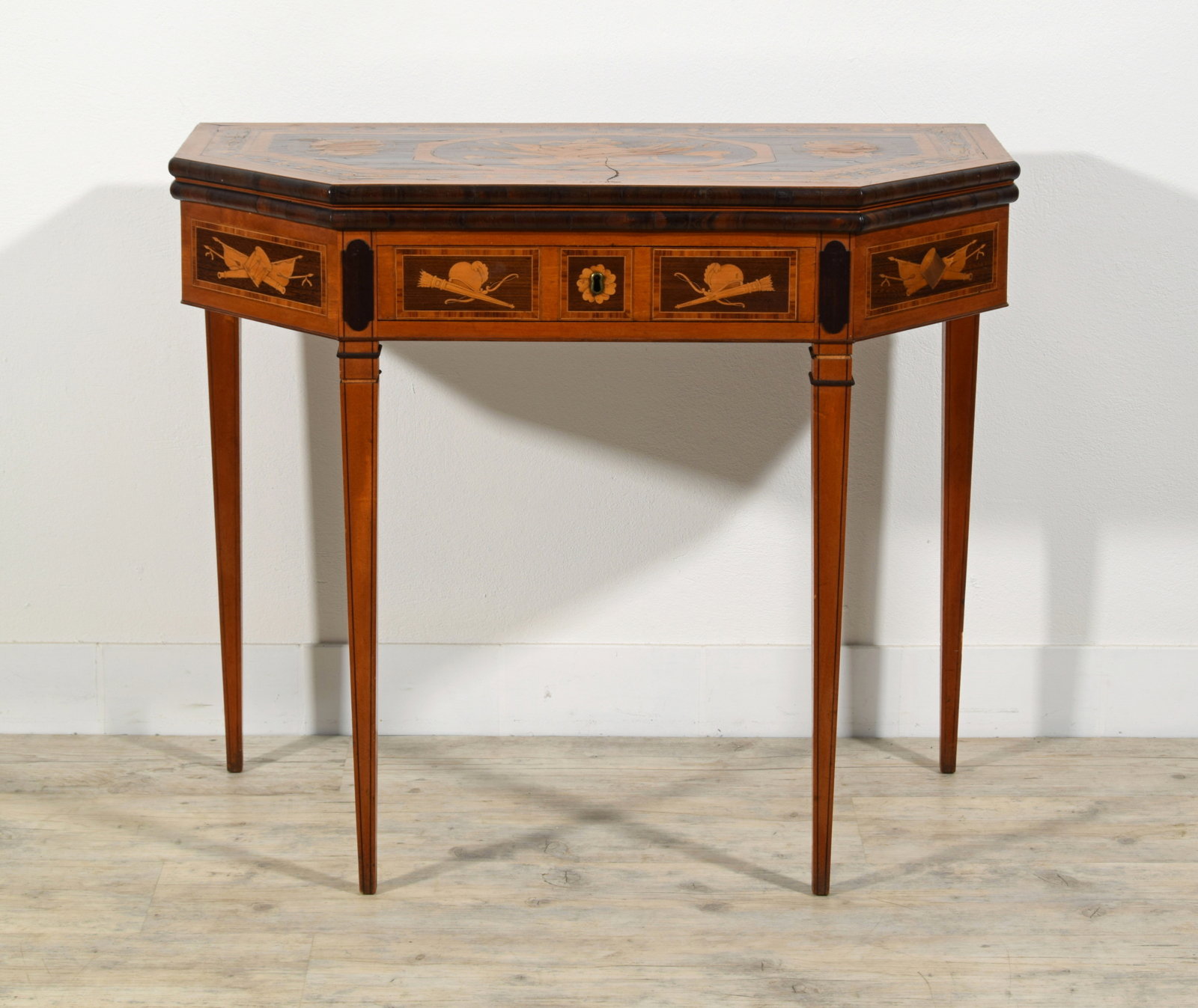 Table console transformable en table de jeu en bois marqueté, Angleterre, début du XIXe siècle, Époque Georges III